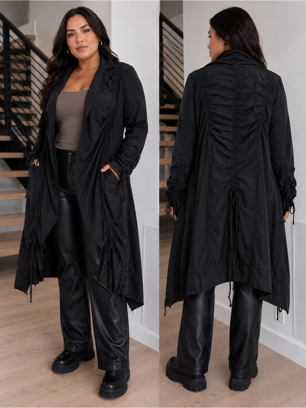Vintage Y2K Avant Garde Black Ruched Drawstring Long Trench Coat Jacket size XL